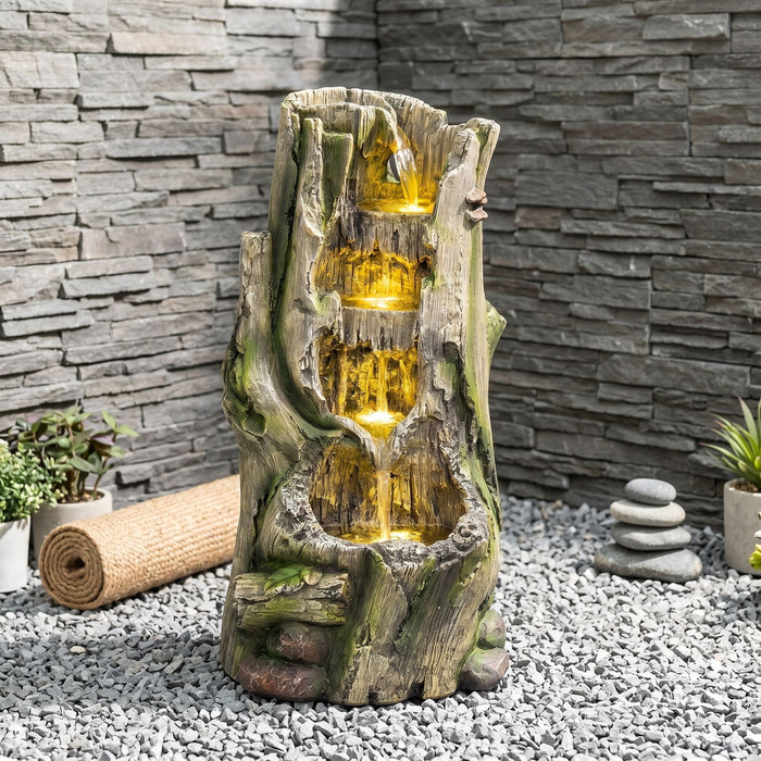 Outdoor Water Fountain, Tree Stump Cascading Fountain With Warm LED Lights - Earthy Yellow Daily Nest
