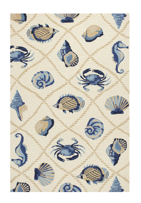 5' X 8' Hand Hooked UV Treated Coastal Sea Life Indoor / Outdoor Area Rug - S / Beige