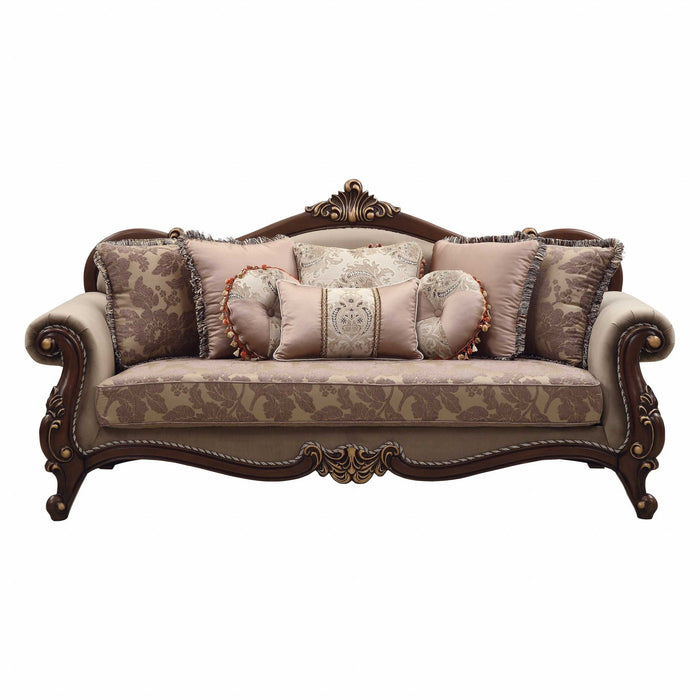 Polyester Blend Curved Floral Sofa And Toss Pillows With Brown Legs - Beige