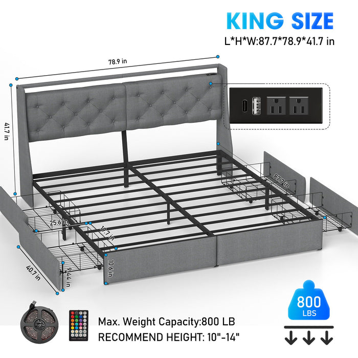 Platform Bed Frame With RGB LED Lights, Charging Station, Storage Headboard & 4 Underbed Drawers Home Essentials