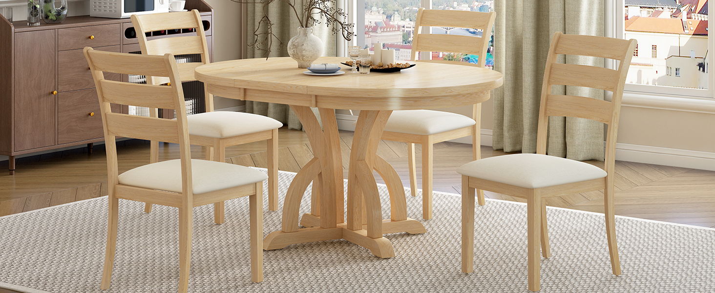 Topmax 5 Piece Farmhouse Round Pedestal Extending Dining Table Set Extendable Kitchen Table Set With 15.8" Removable Leaf And Ladder Back Dining Chairs For Small Places, Natural