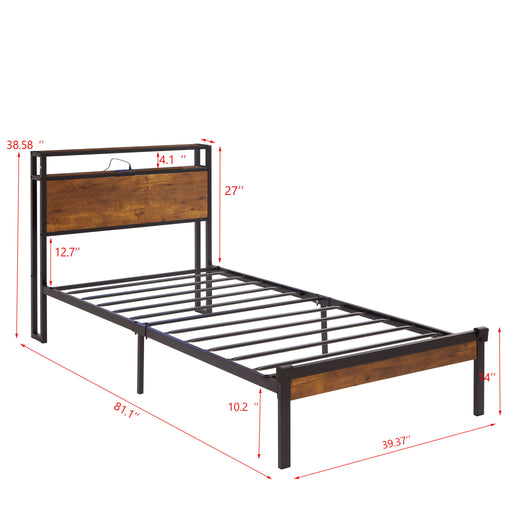 Twin Size Platform Bed Frame, LED Lights With Remote Control, USB Charging Port, Large Under Bed Storage - Black / Brown Home Essentials