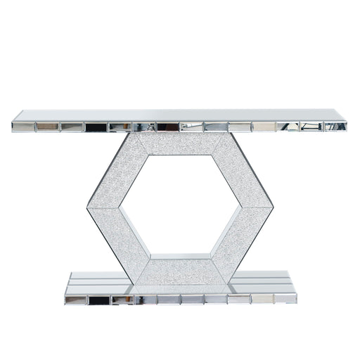 Sparkling Crystal Hexagon Mirror Entryway Premium Modern Foyer Console Table With Diamond Glass Effects, Dual Tier Luxury Sofa Table - Silver Home Essentials