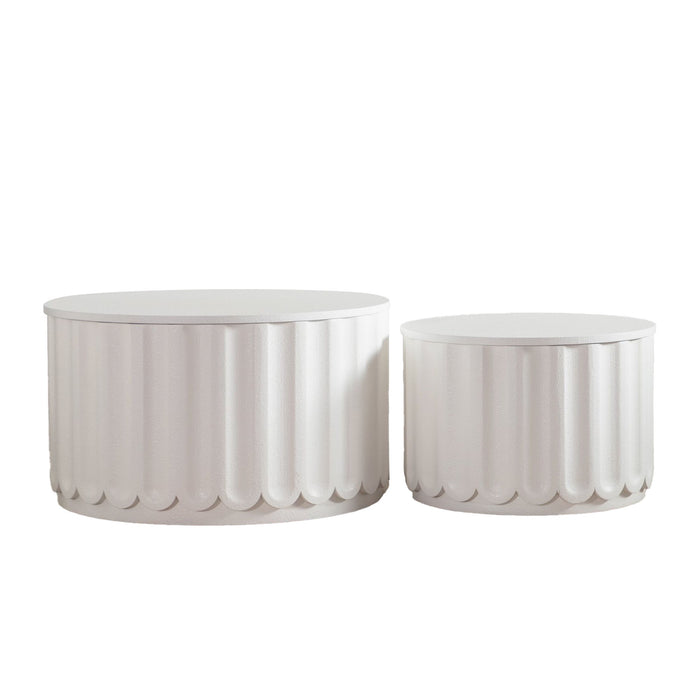 Round Storage Table Set With Lift Off Lid, Nesting Design, Elegant Curved Edge Shape For Living Room - Cream White Home Essentials