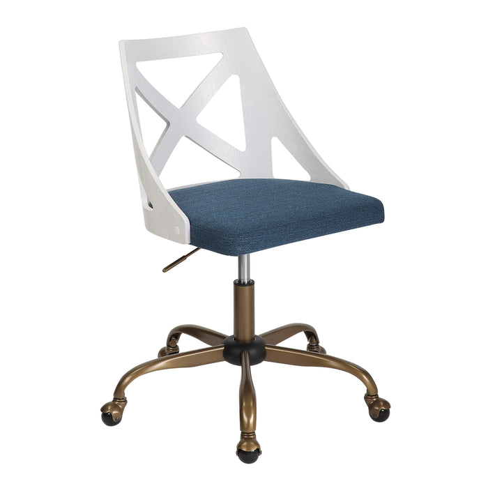 Charlotte Farmhouse Task Chair In Antique Copper Metal, White Textured Wood, And Blue Fabric By Lumisource