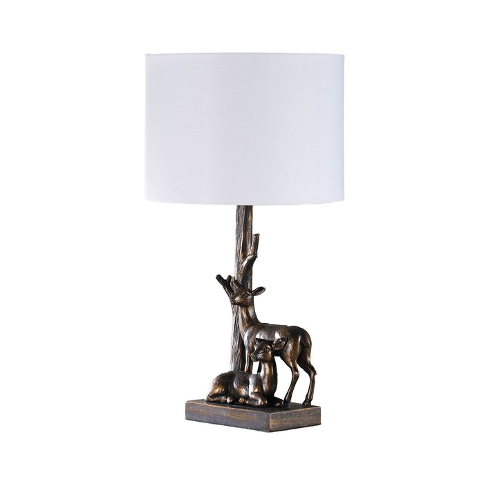 Mom And Baby Deer Table Lamp With White Drum Shade - Bronze