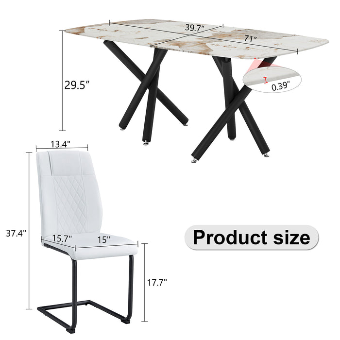 1 Table, 8 Chairs Set, A Rectangular Dining Table With A 0.39" Imitation Marble Tabletop And Black Metal Legs, Paired With 8 Chairs With PU Leather Seat Cushion And Black Metal Legs