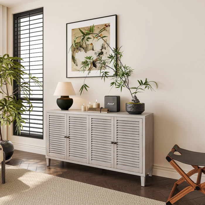 Accent Cabinet 4 Shutter Door Wooden Cabinet Sideboard Buffet Server Cabinet Storage Cabinet, For Living Room, Entryway, Hallway, Office, Kitchen And Dining Room - Distressed White