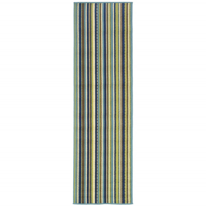 2' X 8' Striped Stain Resistant Indoor / Outdoor Area Rug - Blue / Green