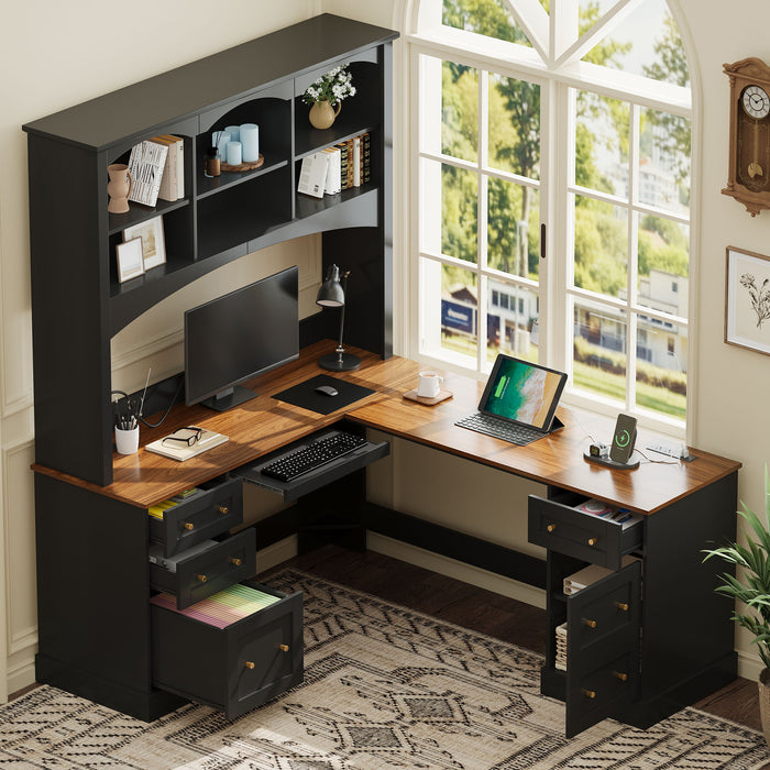 Space Saving L-Shaped Computer Desk With Keyboard Tray & Charging Stations Hearth and Haven