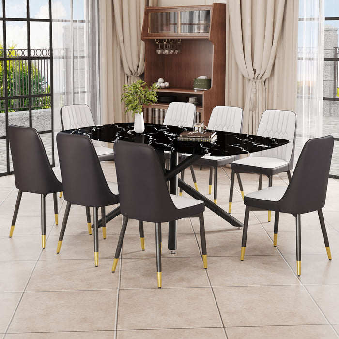 1 Table And 8 Chairs Set, A Rectangular Dining Table With A Imitation Marble Black Table Top And Black Metal Legs, Paired With 8 Chairs With PU Seat Cushion And Black Metal Legs - Glass / Metal