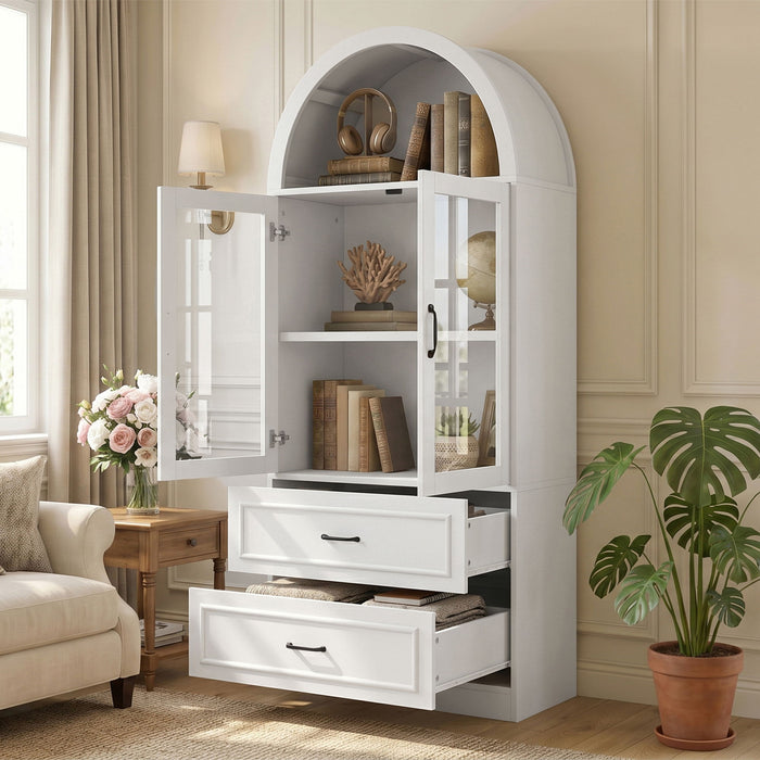Arched Top Storage Cabinet With Fixed 2 Tier Shelves, 2 Large Drawers Noble House