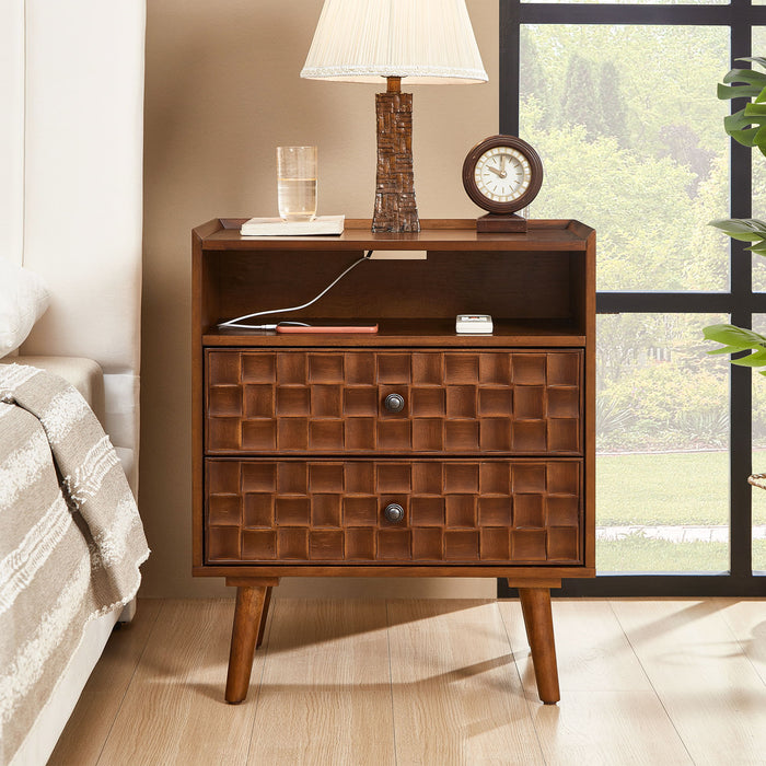 Nightstand With Charging Station, 2 Drawer Bedside Table With Shelf And USB / AC Ports Home Essentials