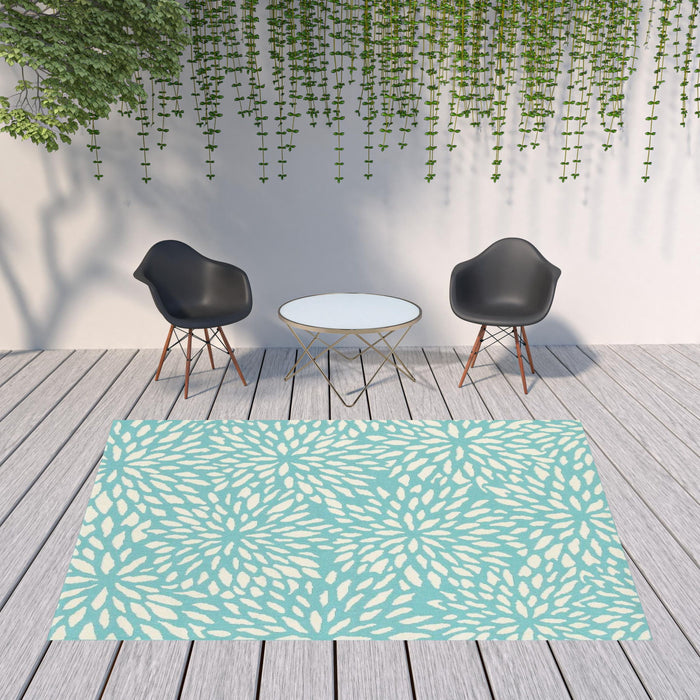 8' X 11' Floral Stain Resistant Indoor Outdoor Area Rug - Blue / Ivory