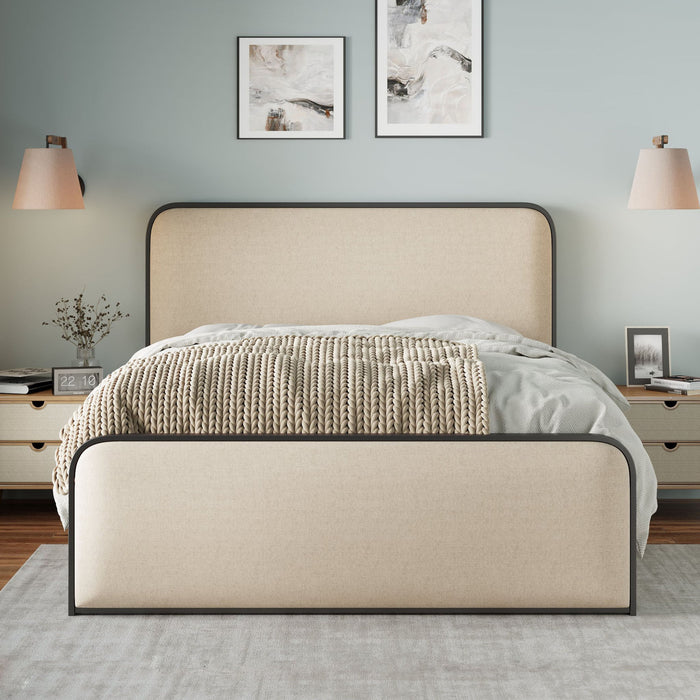 Modern Bed With Curved Upholstered Headboard And Footboard, Heavy Duty Metal Slats