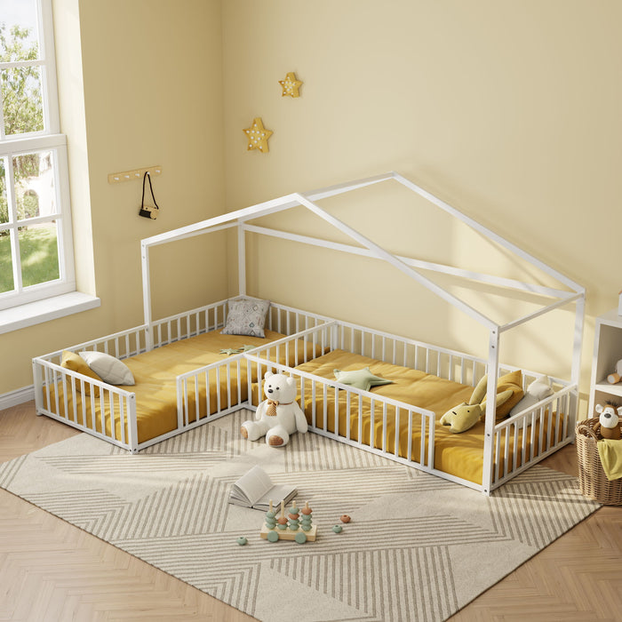 L-Shaped Montessori Bed For 2 Kids With Partitioned Fence Hearth and Haven