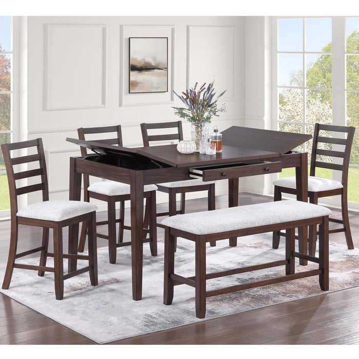 6 Piece Counter Height Dining Set Table With Storage Ladder Back Chairs And Bench - Walnut Home Essentials