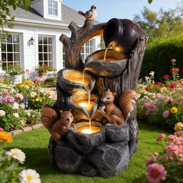 Outdoor Squirrel, Tiered Waterfall Fountain With LED Light For Patio - Gray Daily Nest