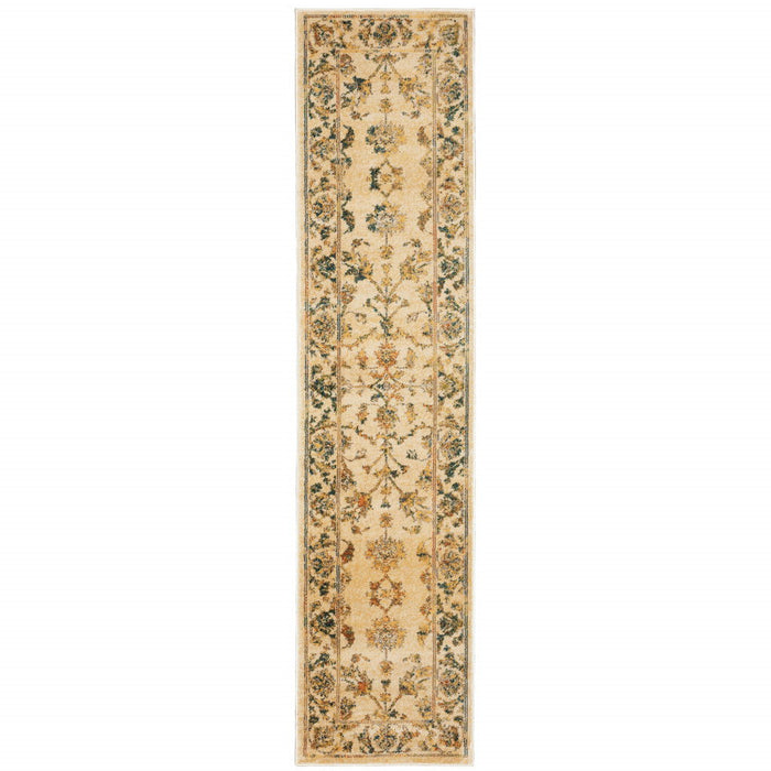 Oriental Power Loom Stain Resistant Runner Rug - Beige Gold And Teal - 2' X 8'