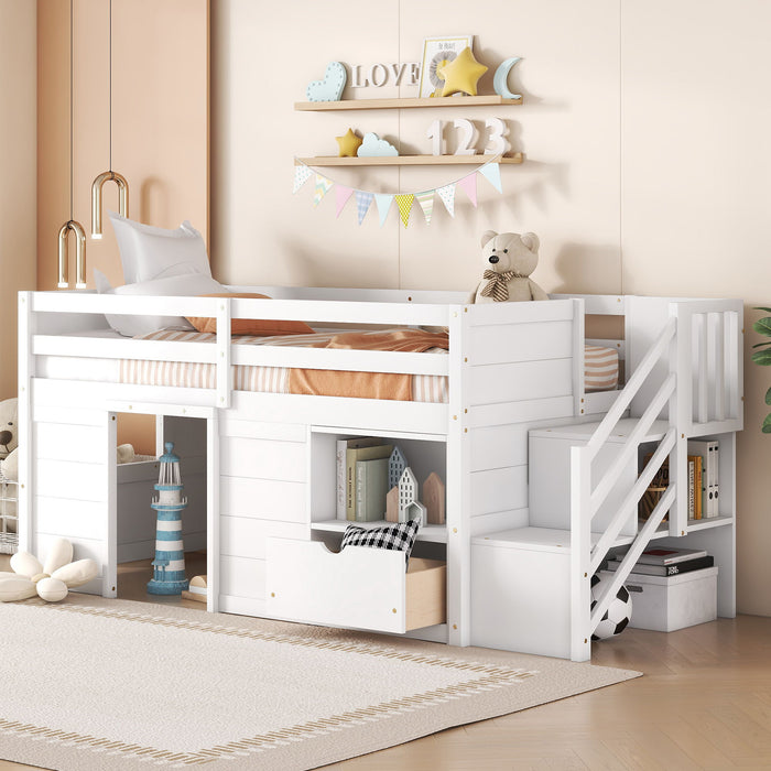 Low Loft Bed With Stair, Drawer, And Shelf Home Essentials