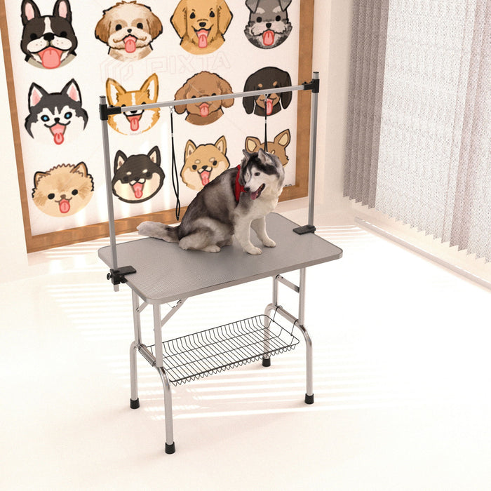 Folding Dog Pet Grooming Table Stainless Steel Frame Rubber Mat On Board With Adjustable Arm And Clamps Pet Dog Cat Grooming Table Daily Nest