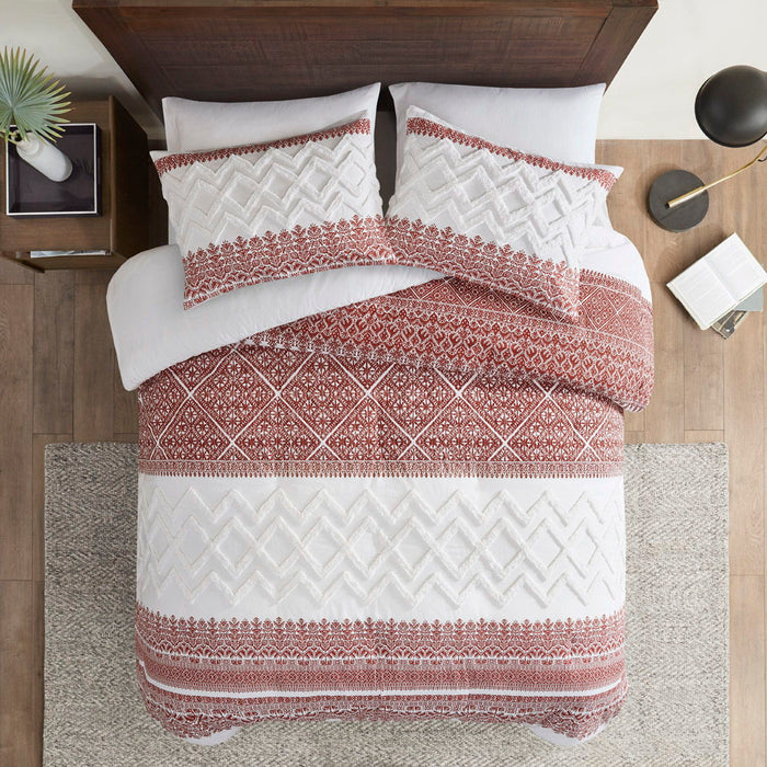 3 Piece Cotton Duvet Cover Set With Chenille Tufting - Auburn / Dark Red / Cotton
