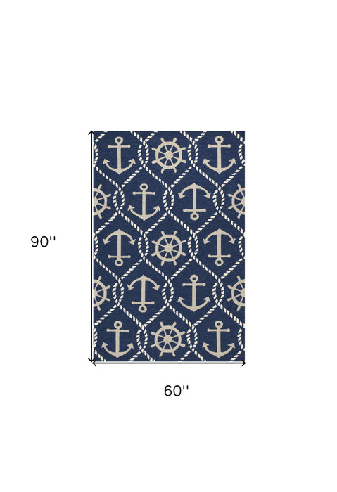 5' X 8' Hand Hooked UV Treated Nautical Indoor / Outdoor Area Rug - Navy Blue