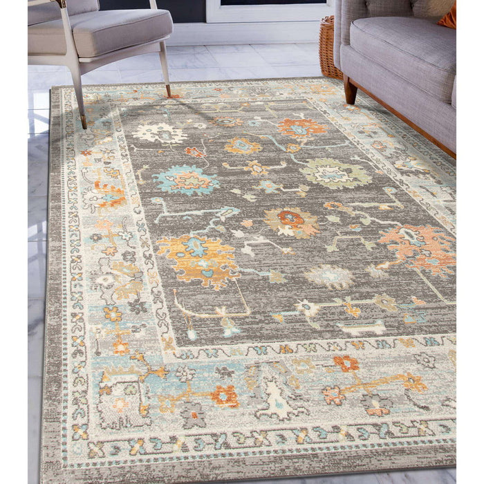 5' X 7' Floral Stain Resistant Indoor / Outdoor Area Rug - Gray / Orange