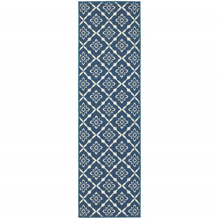 2' X 8' Floral Stain Resistant Outdoor / Indoor Area Rug - Blue / Ivory