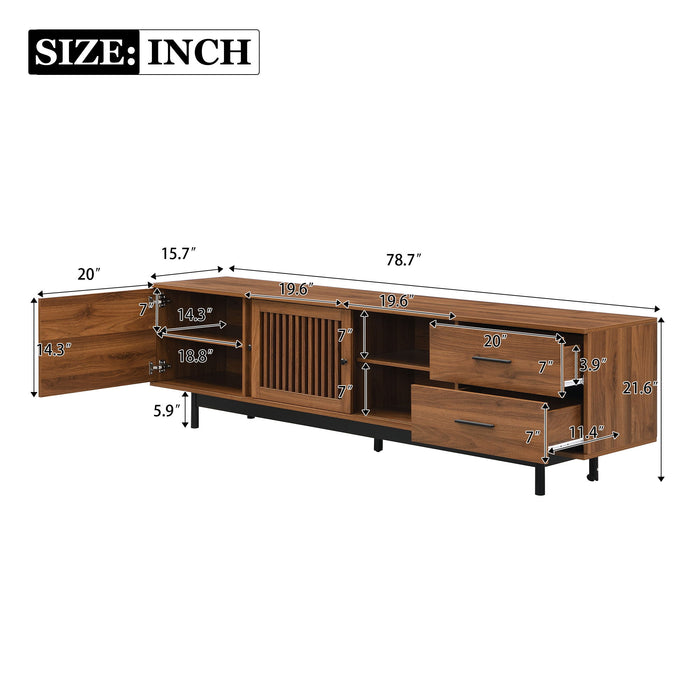 TV Stand, Media Console With 2 Drawers, Soft Closing Hinges, Adjustable Shelves, Slatted Design - Walnut Hearth and Haven