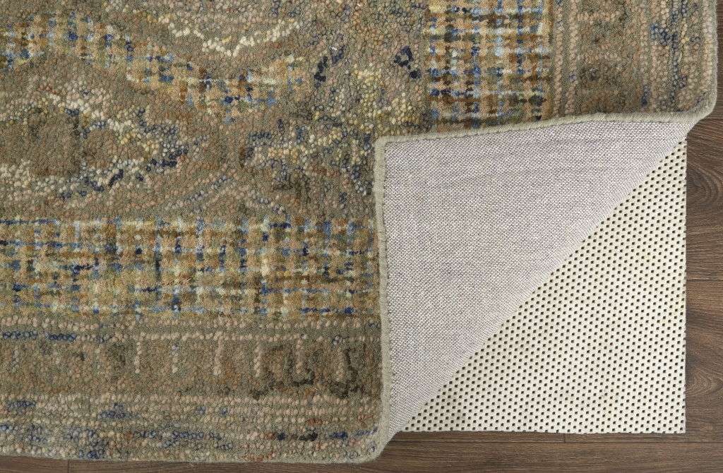 Floral Tufted Handmade Stain Resistant Area Rug - Tan Blue And Gray Wool - 5' X 8'