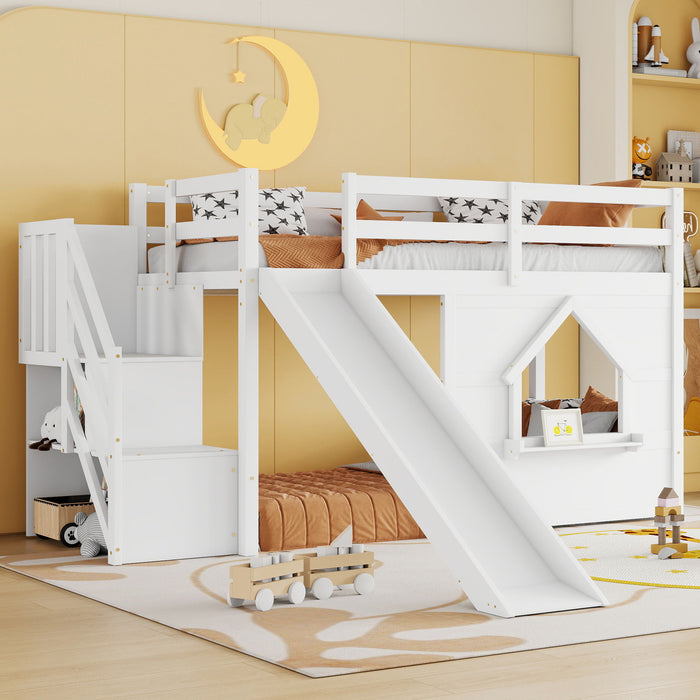 Loft Bed With Storage Stairs, Slide, Playhouse Window And 7 Colors LED Lights Home Essentials