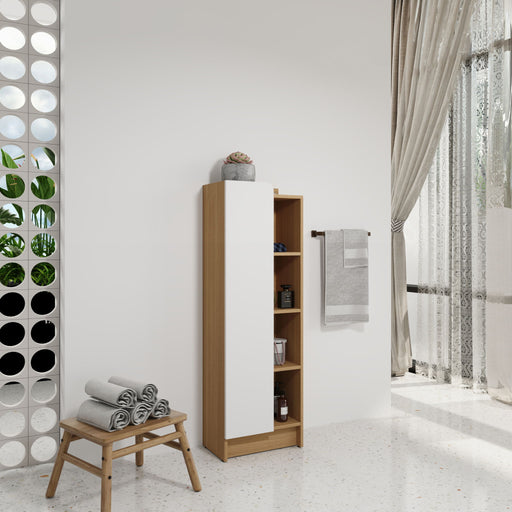 Tall Freestanding Bathroom Side Cabinet With Single Door & 4 Tier Open Shelves - Black / Light Oak / White Home Essentials
