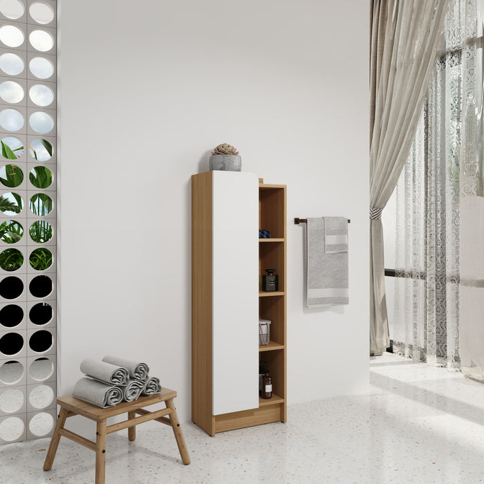Tall Freestanding Bathroom Side Cabinet With Single Door & 4 Tier Open Shelves - Black / Light Oak / White Home Essentials