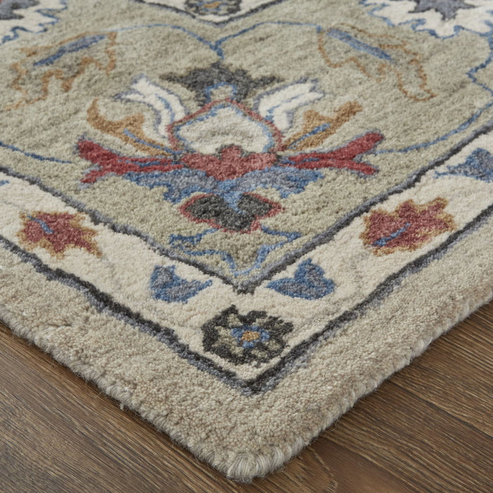 Floral Tufted Handmade Stain Resistant Area Rug - Ivory Taupe And Blue Wool - 4' X 6'