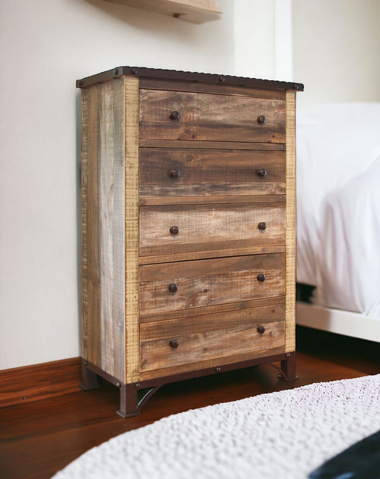 Solid Wood Five Drawer Chest - Brown