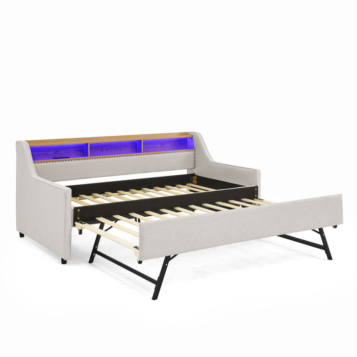 Upholstered Sofa Bed With LED Lights, Storage Headboard, Foldable Trundle & Wireless Charging Home Essentials