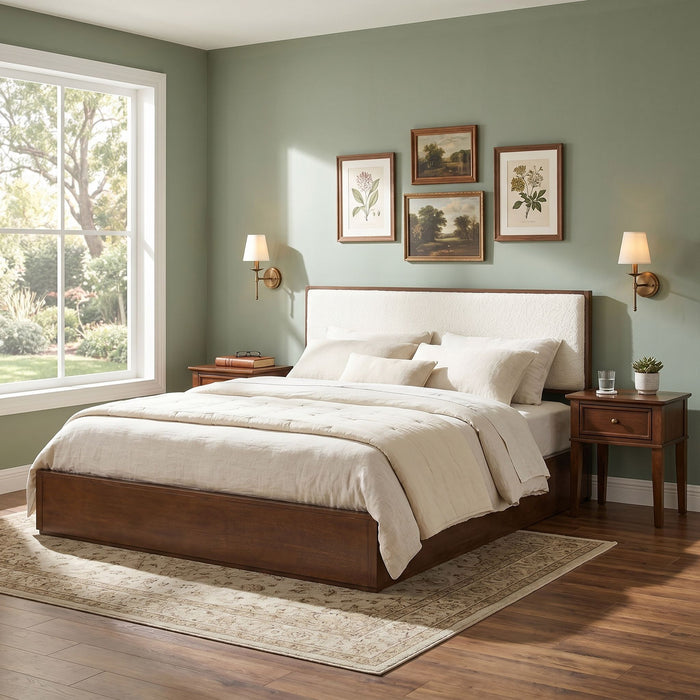 Queen Low Profile Design Bed With Upholstered Headboard - Beige / Walnut Brown Noble House