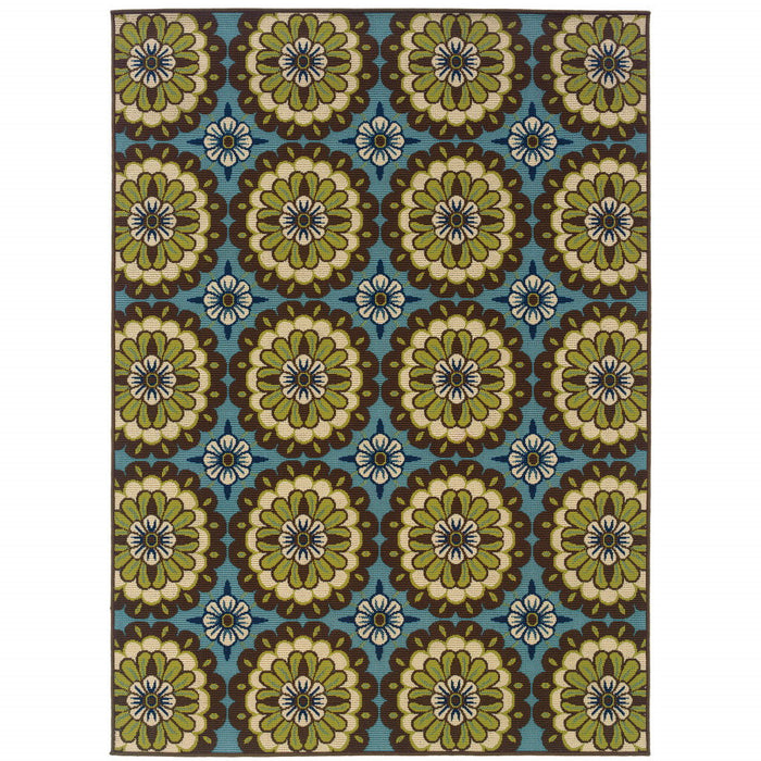 8' X 11' Floral Stain Resistant Indoor / Outdoor Area Rug - Blue / Green