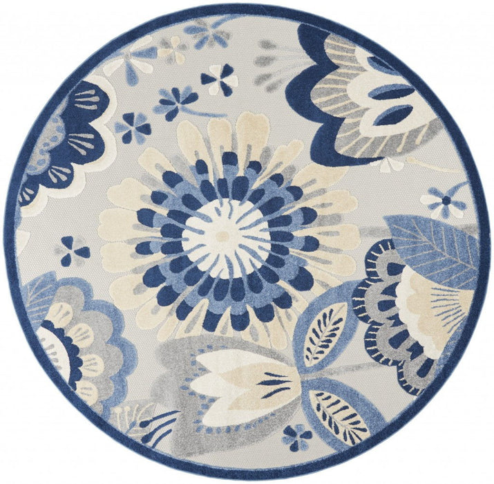 8' Round Round Floral Outdoor / Indoor Area Rug - Blue / Gray