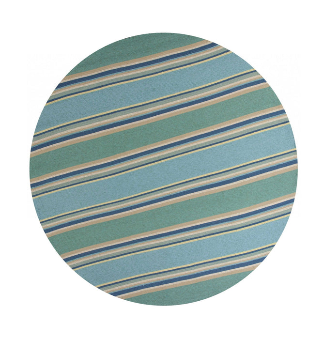 8' Hand Hooked UV Treated Awning Stripes Round Indoor / Outdoor Area Rug - Ocean Blue