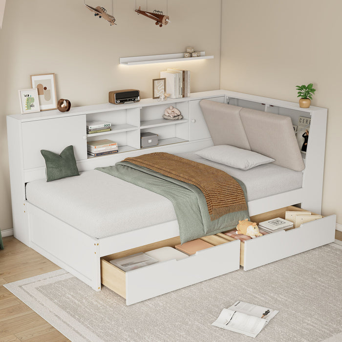 L-Shaped Daybed Corner Bed Under Bed Drawers With Storage Bookcase And Upholstered Headboard And USB Charging Ports