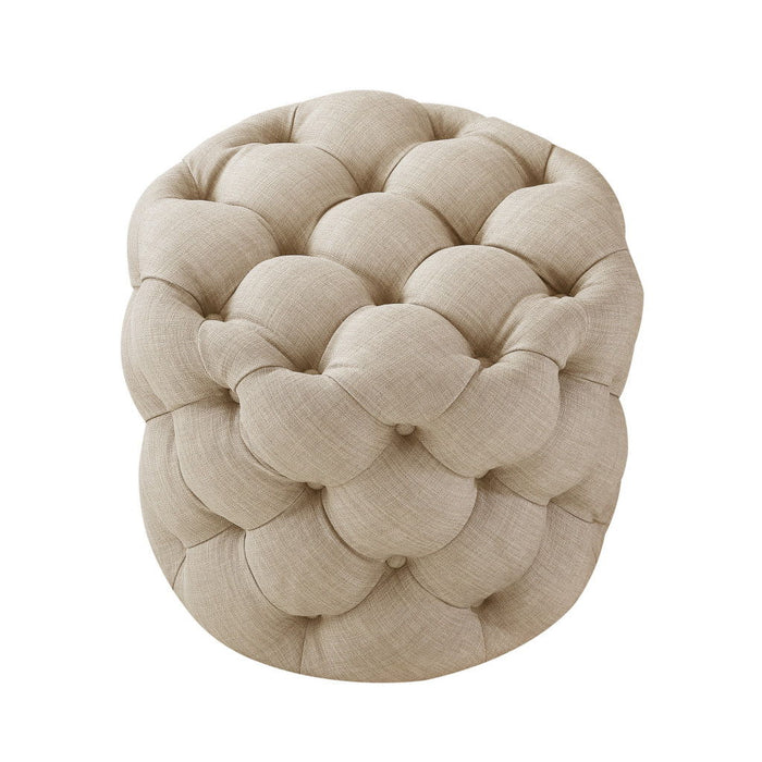 Linen Tufted Round Ottoman - Beige