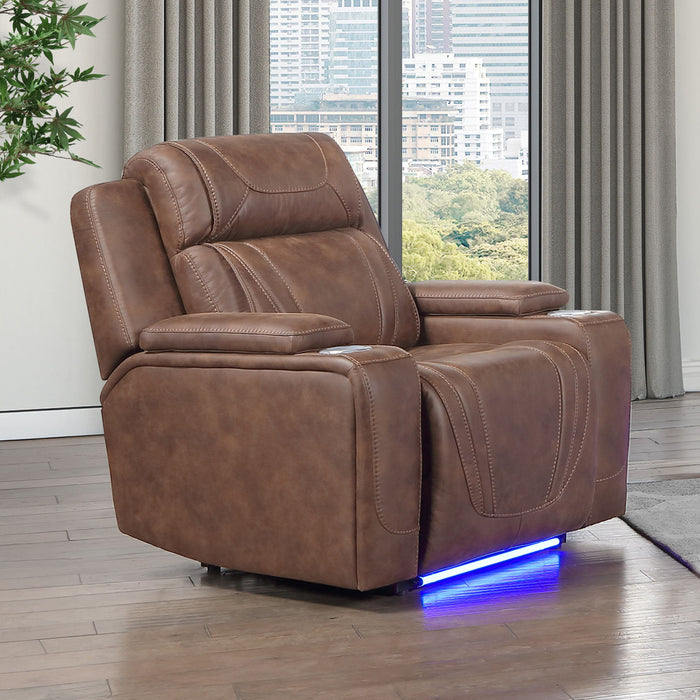 Carrow - Glider Recliner With Power Headrest & Footrest, Stereo, Massage - Brown New Classic