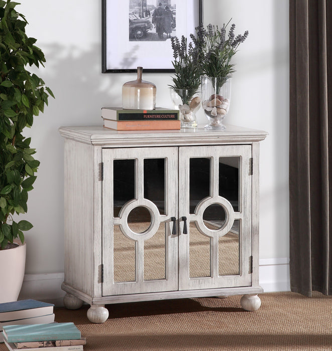 Classic Storage Cabinet Antique White 1 Piece Modern Traditional Accent Chest With Mirror Doors Pendant Pulls Wooden Furniture Living Room Bedroom