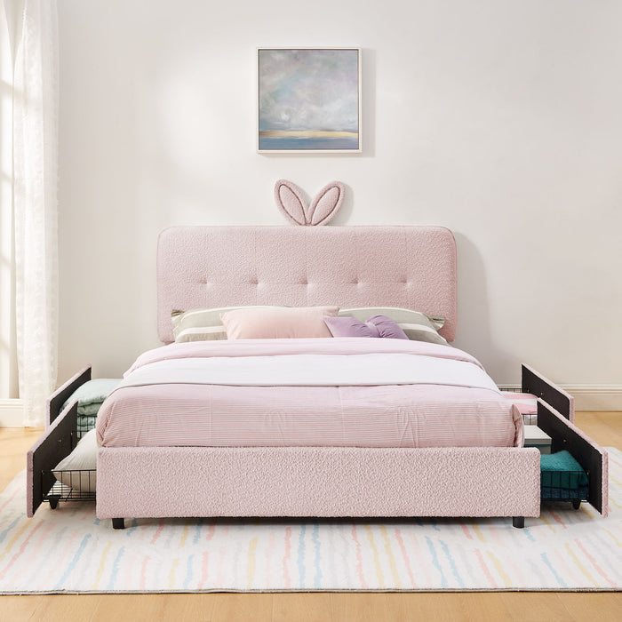 Upholstered Bed With Oversized Rabbit Ear Headboard, LED Lights & 4 Storage Drawers Home Essentials