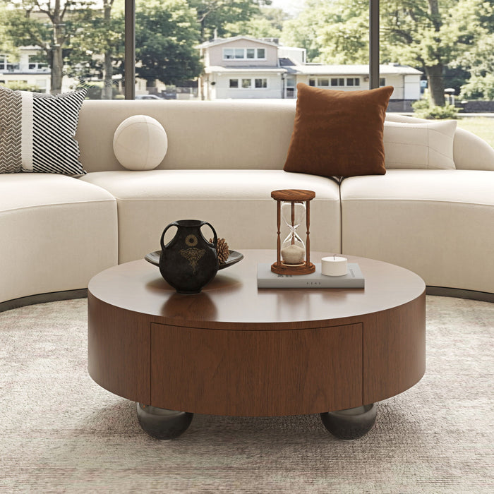 Drum Shaped Coffee Table With Hidden Storage Drawer, Low Profile For Living Room - Walnut Home Essentials