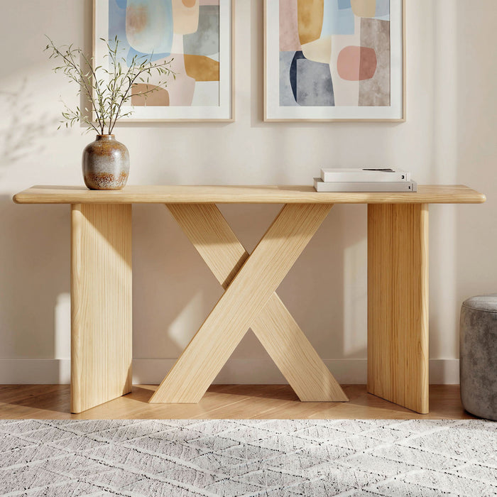 X-Frame Console Table, Angled Cross Leg Design, Rounded Edges - Natural Noble House