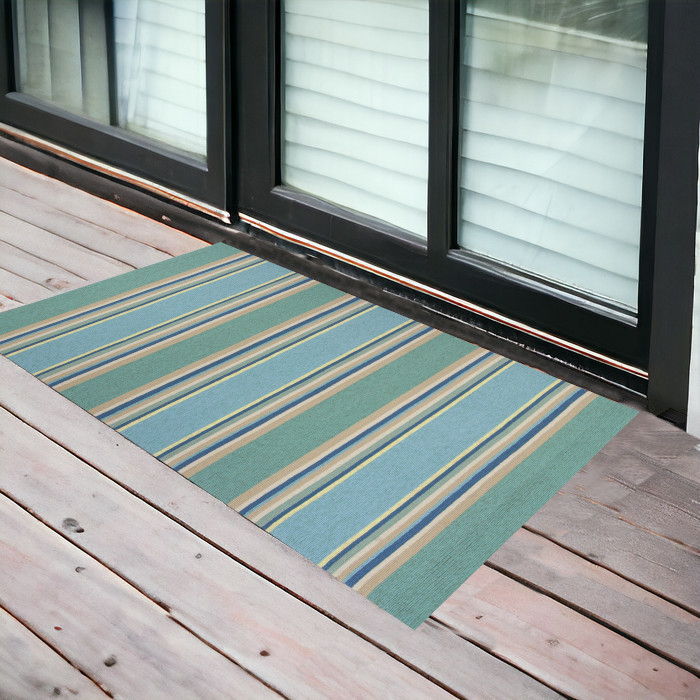 2' X 3' Striped Handmade Indoor / Outdoor Area Rug - Blue