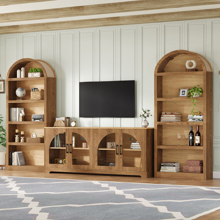 3 Piece TV Stand Set With Bookshelf With Arched Design For Living Room - Brown Hearth and Haven
